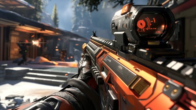 First-Person Shooter Gaming Scene With Futuristic Weapon and Dystopian Setting