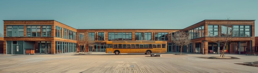 A school bus is parked by a modern school under a clear blue sky