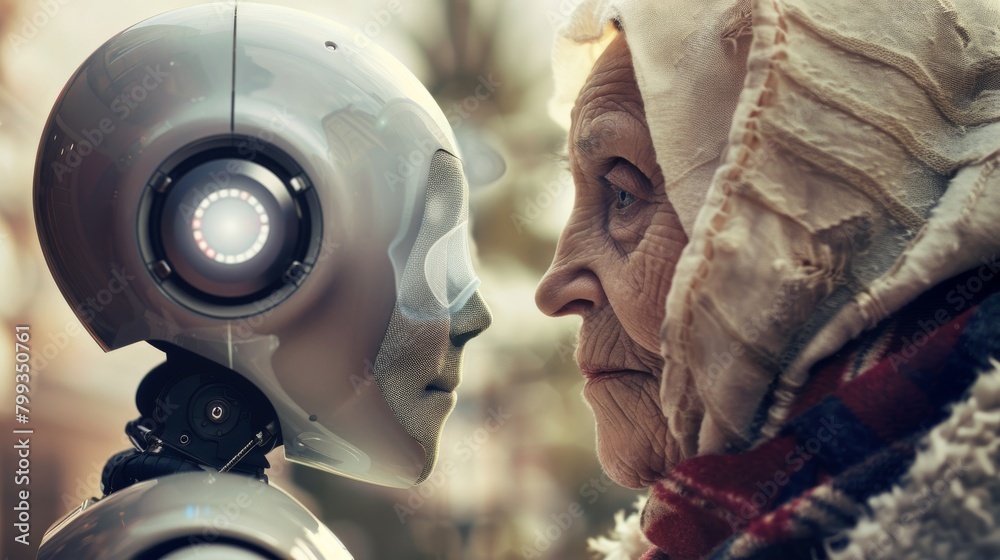 Poster portrait of an old woman with a robot on the street