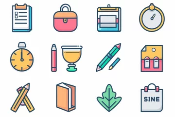 Fotobehang School icon set featuring educational tools, stationery, and student icons in a vibrant design © Fokasu Art