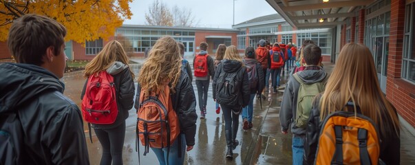 School safety drill in progress, students and teachers practicing evacuation procedures