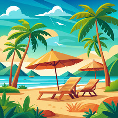 Fototapeta na wymiar SVG Beach with palm trees, Vacation in Paradise Sunbeds on a Tropical Beach 