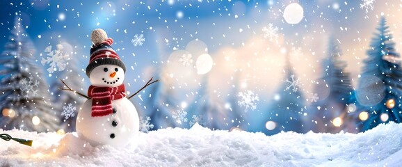 Cheerful snowman in winter wonderland at twilight. Captivating holiday scene. Ideal for festive designs and seasonal backdrops. AI