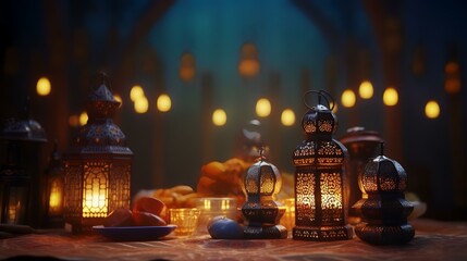 Lanterns on the table. Ramadan Kareem background.