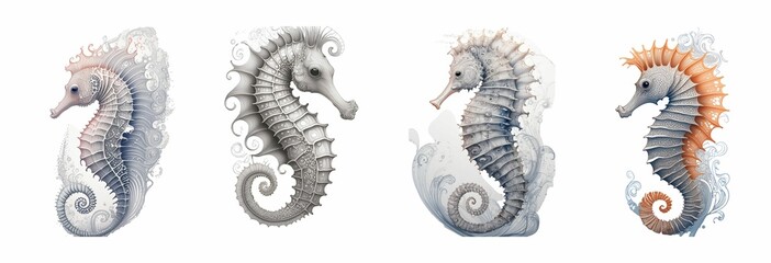 Minimalistic zentangle-like vector design of an seahorse; dappled smooth swirling lines mim