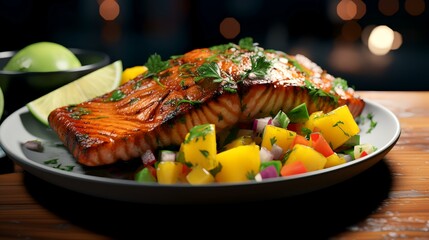 Grilled salmon fillet with vegetables on a wooden table in a restaurant