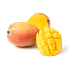 Set of fresh whole and sliced mango fruit isolated on white background. clipping path included.