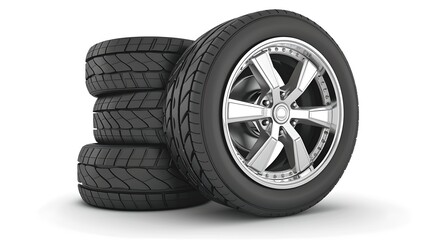 Set of Four Black Car Tires Piled Up for Automotive Themes. Isolated on White. Vehicle Maintenance and Sales Concept. High-Quality Render. AI