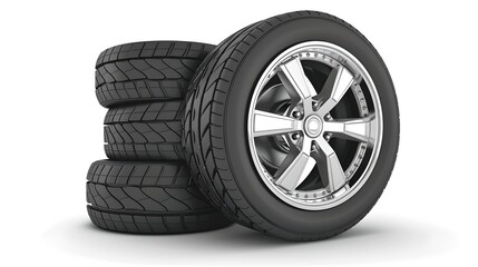 Obraz premium Set of Four Black Car Tires Piled Up for Automotive Themes. Isolated on White. Vehicle Maintenance and Sales Concept. High-Quality Render. AI