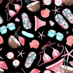 Summer vacation watercolor seamless pattern. Cruise. Travel. Swimsuit, sunglasses, shells, cocktail, starfish, flip-flops. Black background. For printing on fabric, textiles, wrapping paper, packaging