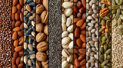 collage nuts and seeds in shell, top view. assorted healthy food background