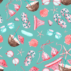 Vacation watercolor seamless pattern. Cruise. Travel. Swimsuit, sunglasses, shells, cocktail, starfish, flip-flops. Summer background. For printing on fabric, textiles, wrapping paper, packaging.