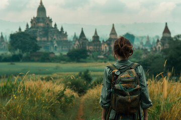 Back view of a female backpack traveler making her way over the field to the historic Buddhist...