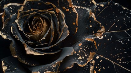 black golden rose, kintsugi art, 16:9 - obrazy, fototapety, plakaty