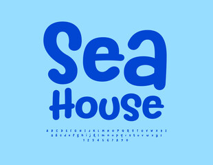 Vector travel flyer Sea House. Modern Cursive Font. Blue Artistic Alphabet Letters and Numbers set.