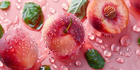 Fresh, ripe peaches with water droplets, surrounded by leaves and cut fruit, against a soft pink background.