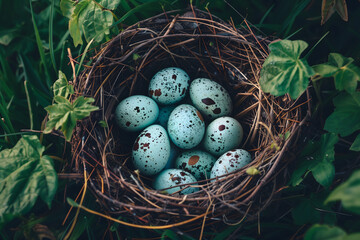 Top view of a birds nest nestled in amongst green leaves and grass. Inside the nest are tiny white eggs - obrazy, fototapety, plakaty