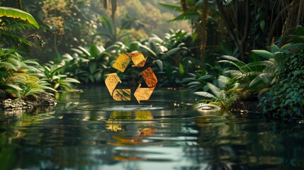 3D rendering of a vibrant recycling symbol emerging from a serene pond, nestled in a pristine jungle setting, captured in close-up for dramatic effect