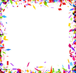 Colorful confetti pieces create a lively border around a clean white space, offering a vibrant frame for festive occasions.