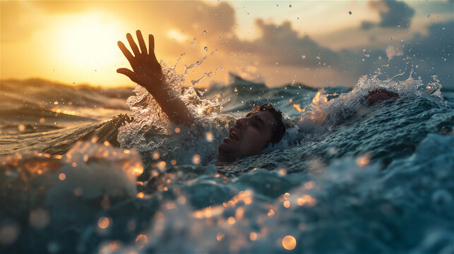 A drowning man tries to save himself.