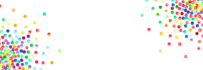 A wide panoramic spread of colorful bubbles dispersed across a white background, creating a festive and expansive atmosphere.