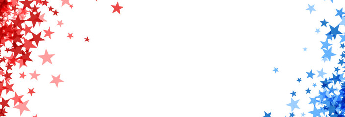 A panoramic image displaying a scattering of red and blue stars creating a lively frame on a white background, perfect for American-themed events.