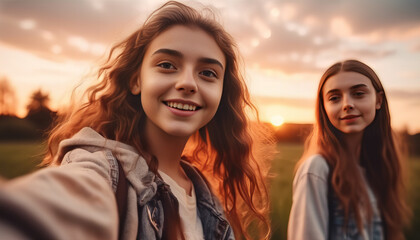 A realistic and detailed image portraying young teenage girl best friends enjoying time in nature during sunset. The scene captures the girls on a walk, taking a selfie together in the beautiful natur