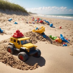 Heap sand with plastic toys at the beach, Summer seaside vacation concept
