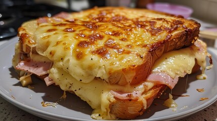 A sandwich with cheese and ham on a plate