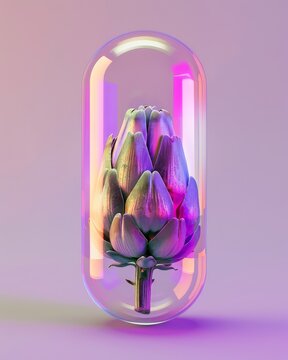 A surreal image of an artichoke encapsulated in a glowing pill-like structure against a pastel background, symbolizing nature versus science
