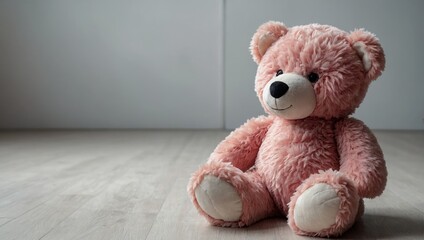 A pink teddy bear with a blue bow on its neck is sitting on a wooden floor - Powered by Adobe