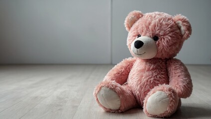 Fototapeta premium A pink teddy bear with a blue bow on its neck is sitting on a wooden floor. Copy space