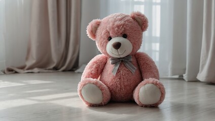 A pink teddy bear with a blue bow on its neck is sitting on a wooden floor