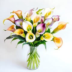 Colorful calla lily bouquet in glass vase - obrazy, fototapety, plakaty