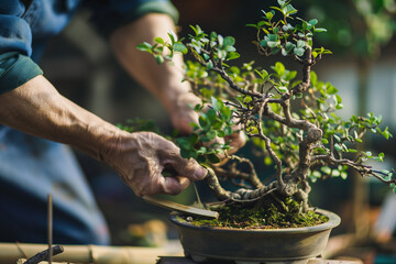 Enthusiast learning the art of cultivating and shaping bonsai trees