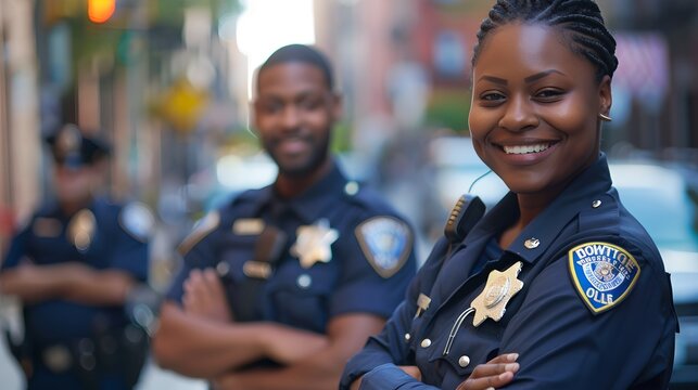 Smiling female police officer posing confidently with colleagues in background. Urban setting, positive law enforcement image, street patrol officers. AI