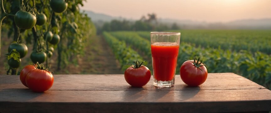 Fresh tomatoes and juice on table, field in background. Harvested vegetables