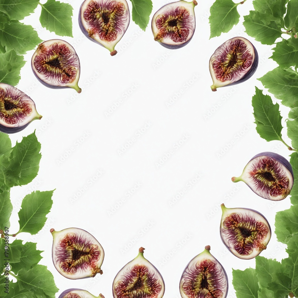 Canvas Prints Fresh figs with green leaves on white. Top view, copy space for text.