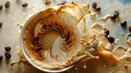 swirl in a cup of cappuccino on the table with coffee beans