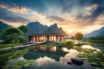 Obraz premium lake, travel, landscape, nature, house, water, green, tourism, sky, beautiful, forest, river, tree, reflection, blue, outdoor, architecture, summer, scenic, mountain, wooden, wood, building, trees, ol