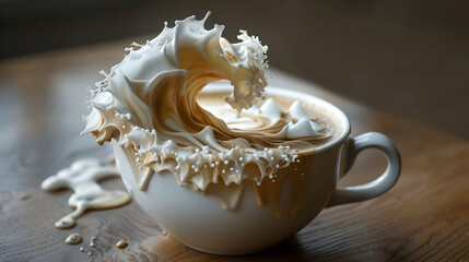 a wave of milk foam in a coffee mug standing on the table