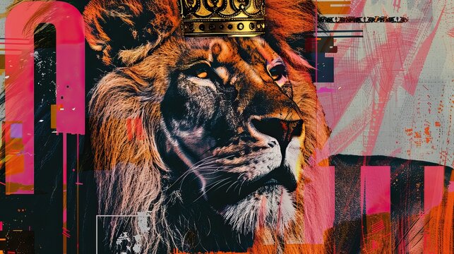 Regal Urban Lion king portrait. A Vibrant Fusion of Neon Artistry and Animal Majesty, background high quality AI generated image