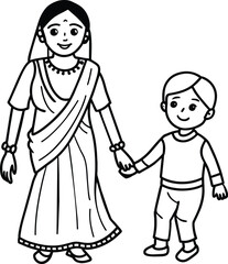 Silhouette mother with a child in her arms in nature. Vector illustration. Mother's Day