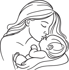 Line art mother with a child in her arms in nature. Vector illustration. Mother's Day