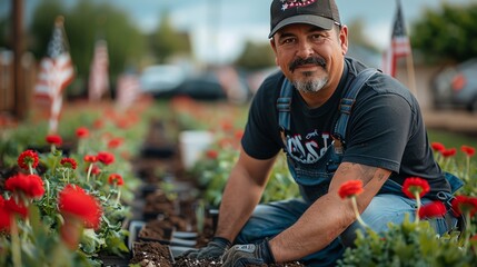 Memorial Day volunteers setting up flags and decorations in a local community, showcasing effort and dedication