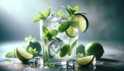 Mojito cocktail with lime, mint and ice cubes. Summer refreshing drink.