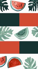 Tropical Summer Design with Watermelon Slices and Monstera Leaves.