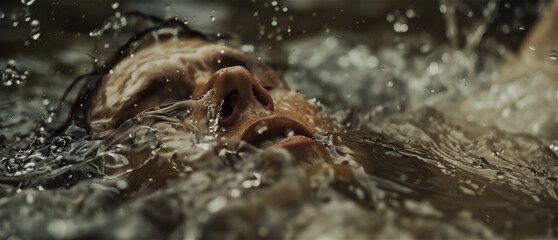 Portrait of a drowning man. A close-up of a face slowly sliding under the water's surface.