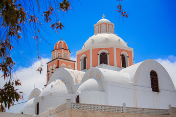 Beautiful sea view, white house, blue and white architecture, greek orthodox churche, Travel and...