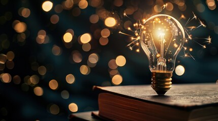 Glowing light bulb above open book with bokeh lights background